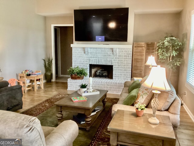 living room with wood-type flooring and a fireplace