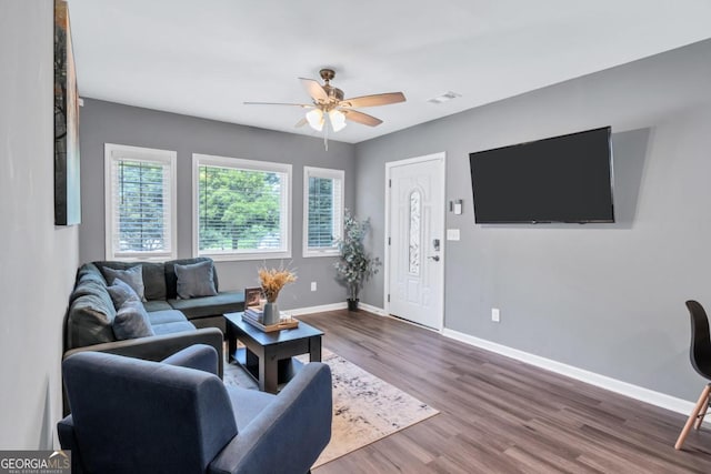 living room with ceiling fan and hardwood / wood-style floors