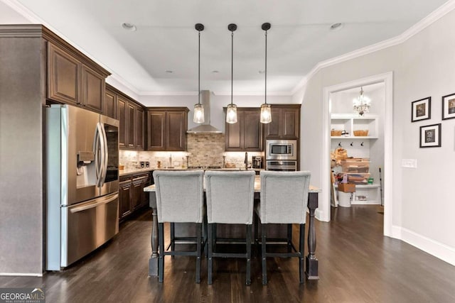 kitchen with pendant lighting, dark wood-type flooring, a center island with sink, wall chimney exhaust hood, and stainless steel appliances