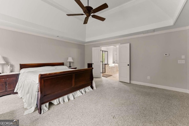 bedroom with ceiling fan, ornamental molding, and connected bathroom