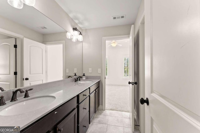 bathroom with vanity, tile patterned floors, and ceiling fan