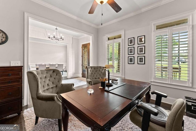 home office with crown molding, a healthy amount of sunlight, and ceiling fan with notable chandelier