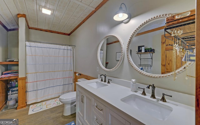 bathroom with vanity, crown molding, hardwood / wood-style flooring, toilet, and wood ceiling