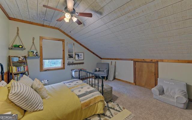 bedroom featuring carpet, ornamental molding, wood ceiling, vaulted ceiling, and ceiling fan