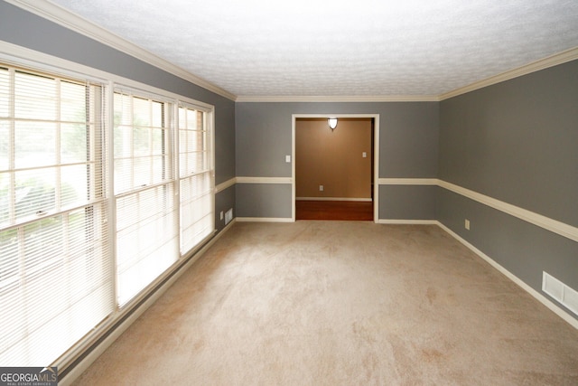 empty room featuring a textured ceiling, crown molding, and carpet flooring