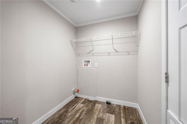 clothes washing area with washer hookup and dark wood-type flooring