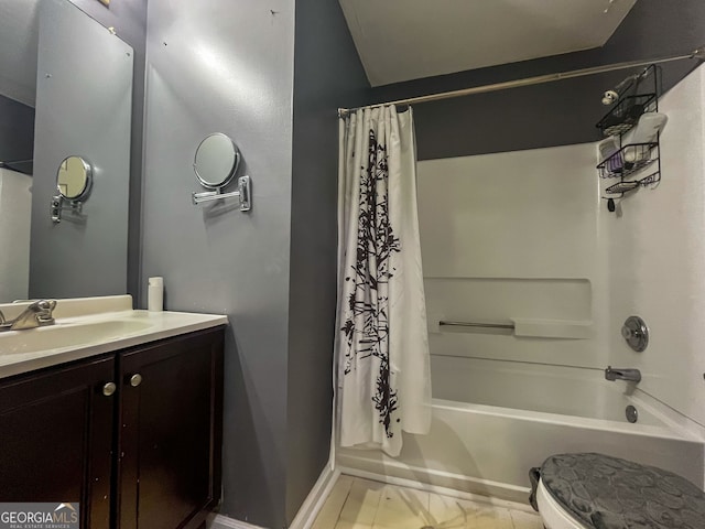 full bathroom with shower / bath combo, vanity, toilet, and tile patterned floors