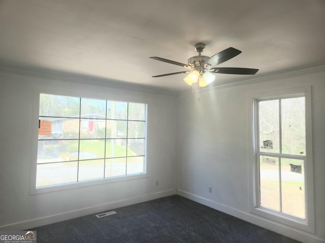 spare room with visible vents, dark colored carpet, a wealth of natural light, and ornamental molding