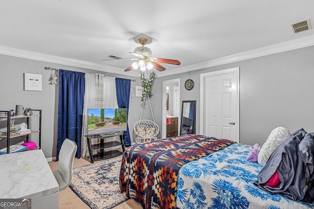 carpeted bedroom featuring crown molding and ceiling fan