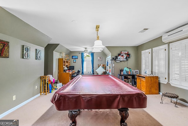 game room with pool table, carpet flooring, and ceiling fan