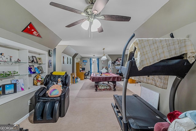 exercise room with pool table, ceiling fan, and carpet flooring