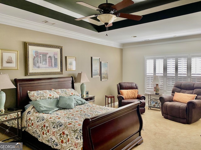 carpeted bedroom featuring crown molding and ceiling fan