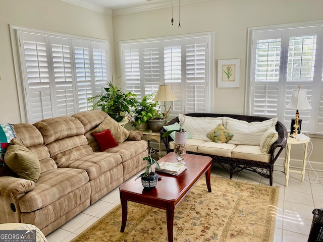 tiled living room with crown molding