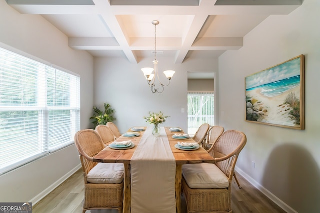 dining area with wood-type flooring, an inviting chandelier, coffered ceiling, and beam ceiling