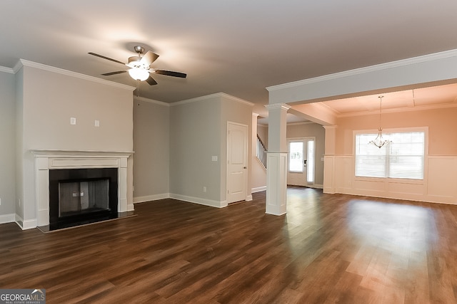 unfurnished living room featuring crown molding, dark hardwood / wood-style flooring, and plenty of natural light