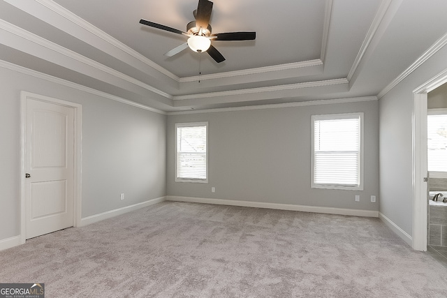 carpeted spare room featuring ceiling fan, a raised ceiling, and ornamental molding