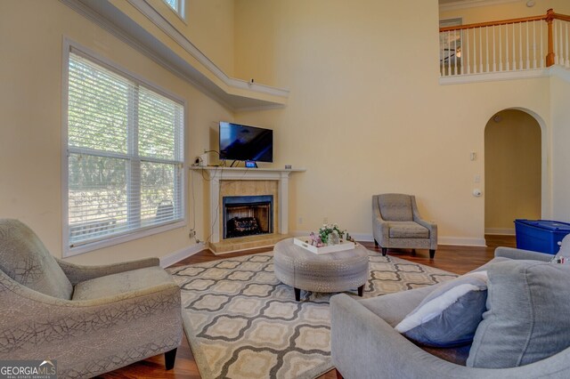 living room with light hardwood / wood-style flooring, a towering ceiling, a tiled fireplace, and a healthy amount of sunlight