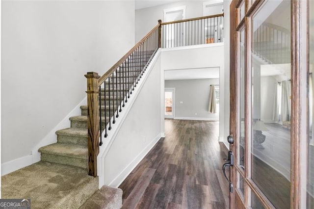 entryway featuring dark hardwood / wood-style flooring and a high ceiling