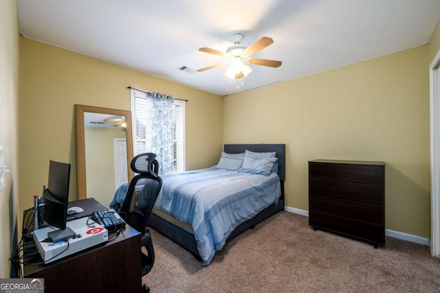 carpeted bedroom with ceiling fan