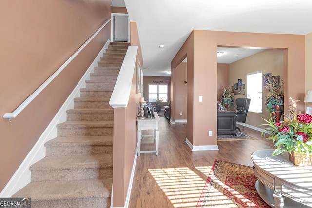 staircase featuring hardwood / wood-style flooring