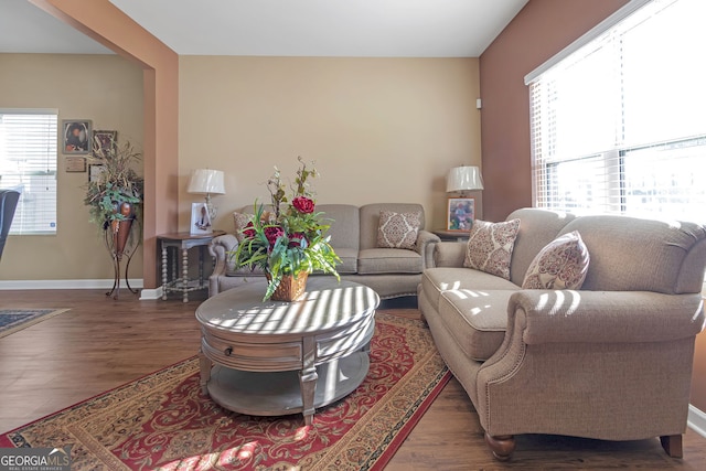 living room featuring a wealth of natural light and dark wood-type flooring