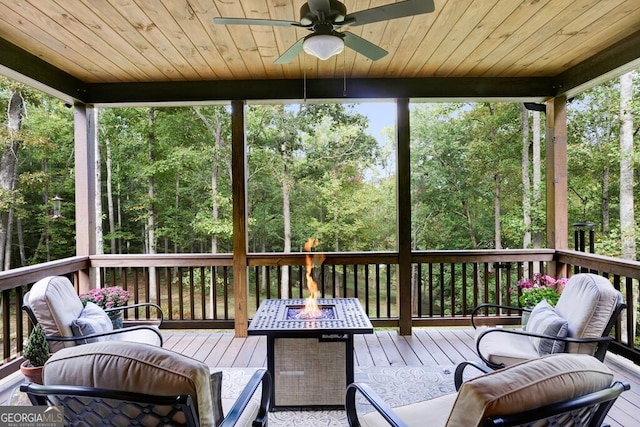 sunroom / solarium featuring ceiling fan, wood ceiling, and plenty of natural light