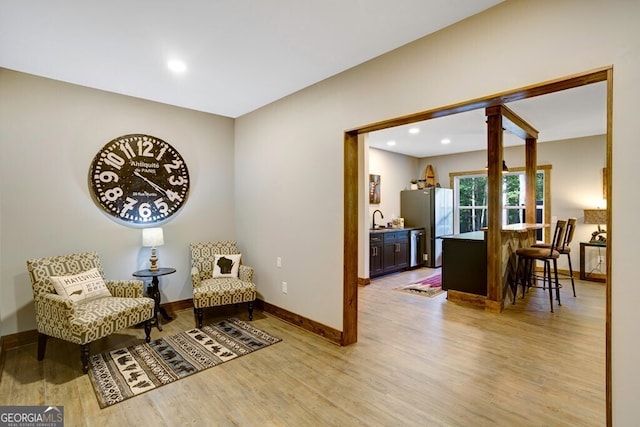 sitting room with light wood-type flooring and sink