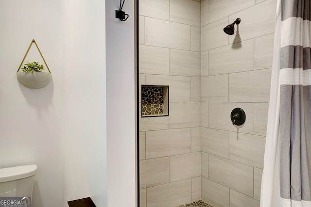 bathroom with toilet and a shower with shower curtain