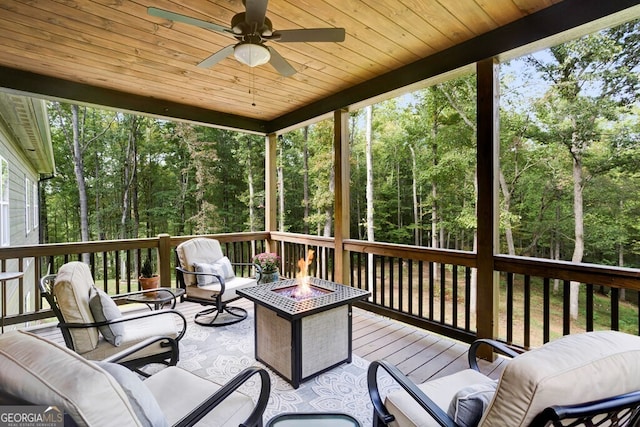 exterior space featuring ceiling fan and a fire pit