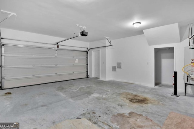 garage featuring a garage door opener and gas water heater