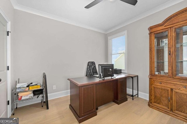 office space with light hardwood / wood-style flooring, ceiling fan, and crown molding