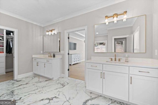 bathroom with vanity, crown molding, and hardwood / wood-style floors