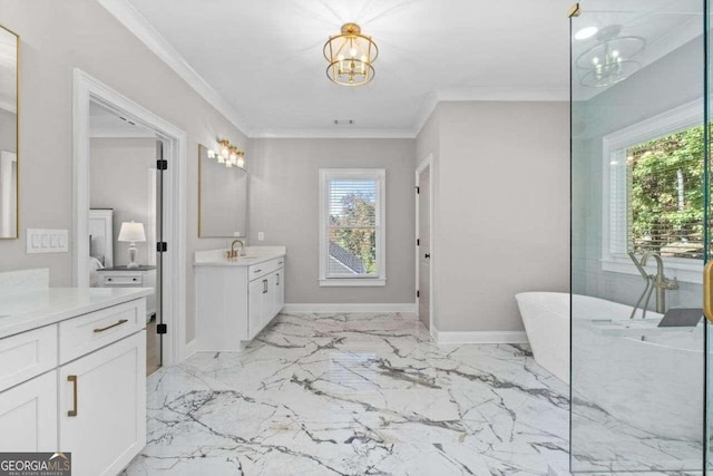 bathroom with a healthy amount of sunlight, a bath, vanity, and crown molding