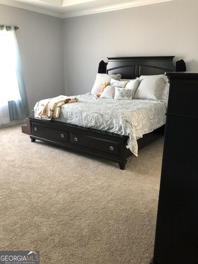 carpeted bedroom featuring crown molding