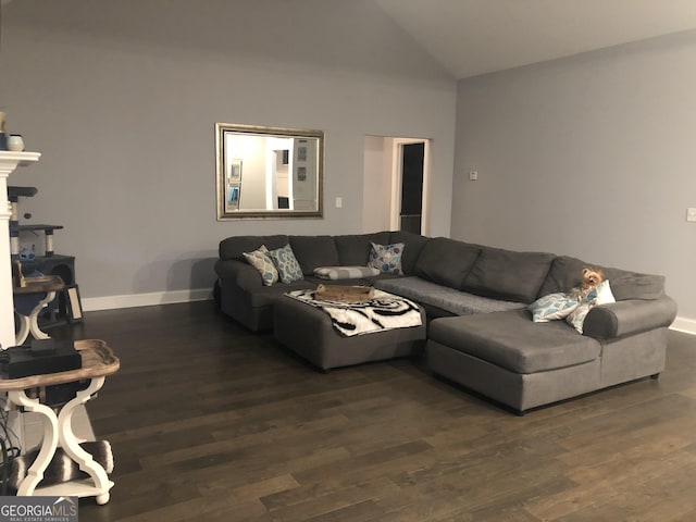 living room featuring dark wood-type flooring and lofted ceiling