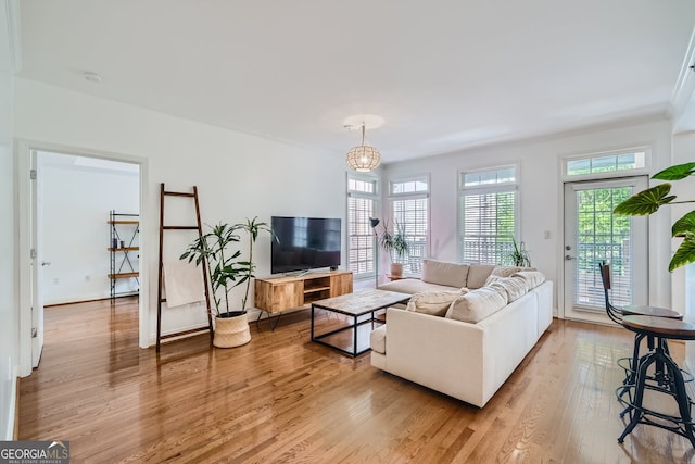 living room featuring light wood-type flooring, a chandelier, and crown molding