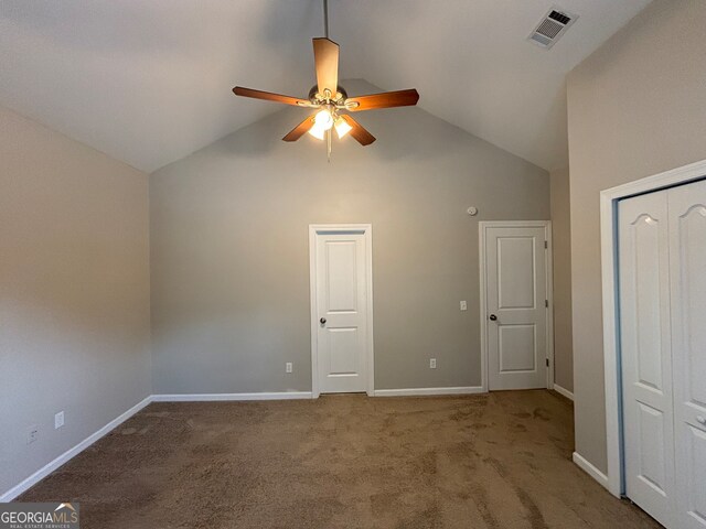 unfurnished bedroom featuring high vaulted ceiling, carpet, and ceiling fan