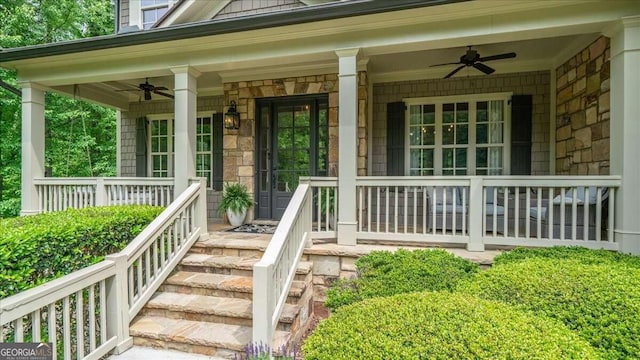 doorway to property with a porch and ceiling fan