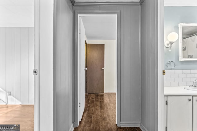 corridor featuring sink, dark wood-type flooring, and wooden walls