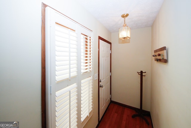 doorway to outside with dark hardwood / wood-style floors and a textured ceiling