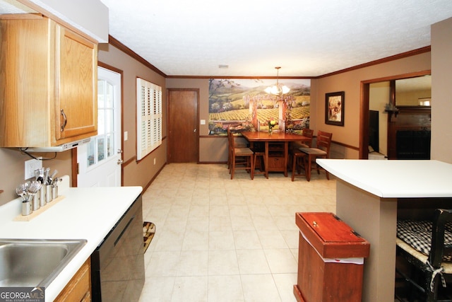 kitchen featuring stainless steel dishwasher, crown molding, a notable chandelier, and decorative light fixtures