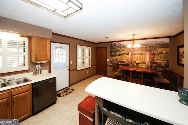 kitchen with dishwasher, ornamental molding, sink, pendant lighting, and an inviting chandelier