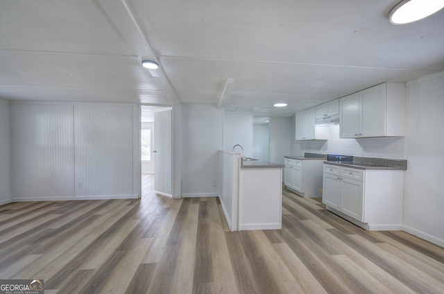 kitchen featuring light wood-type flooring, white cabinetry, and backsplash