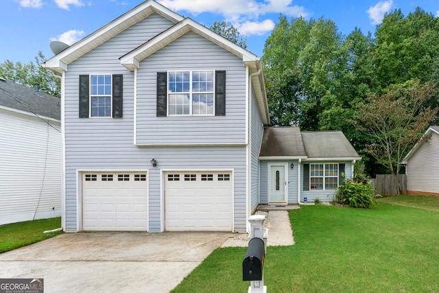 front facade featuring a front lawn and a garage