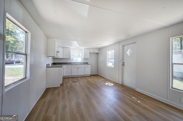 kitchen with light hardwood / wood-style flooring and white cabinetry