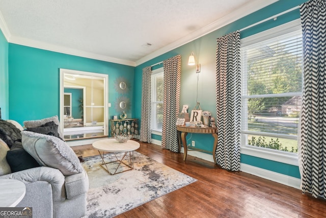 living room featuring ornamental molding, a textured ceiling, and dark hardwood / wood-style flooring