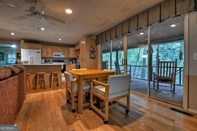 dining space featuring light wood-type flooring, a textured ceiling, and ceiling fan