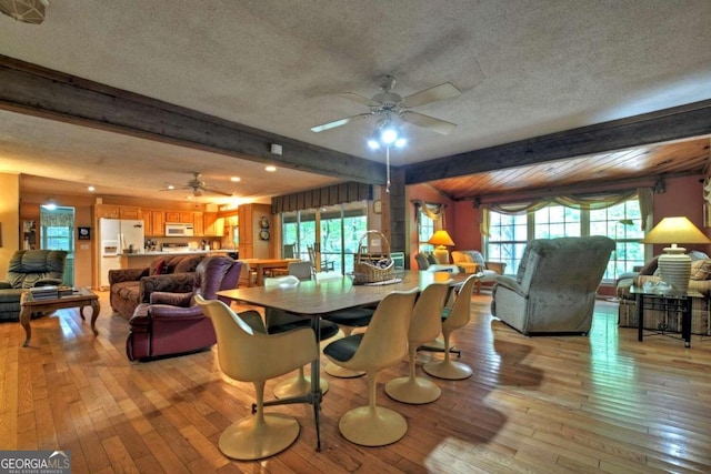 dining area featuring light wood-type flooring, beam ceiling, and a healthy amount of sunlight