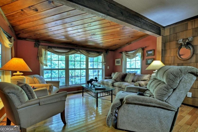 living room featuring light wood-type flooring, wooden ceiling, beamed ceiling, and a wealth of natural light