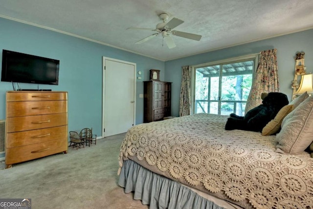 carpeted bedroom featuring ceiling fan, crown molding, and a textured ceiling